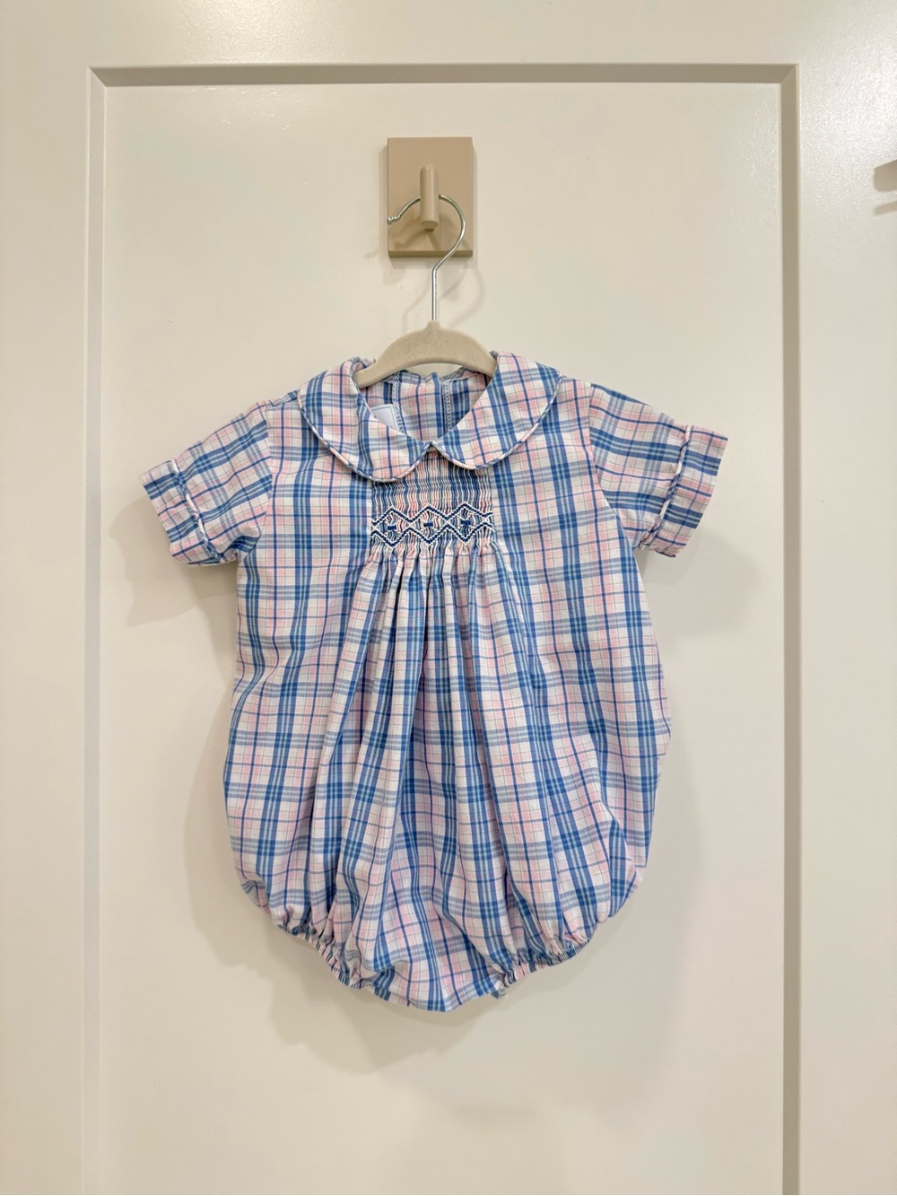 Little English Plaid Bubble Romper in Blue and Pink